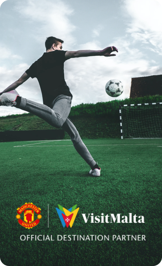 A man kicks a soccer ball, accompanied by the text "Visit Malta Official Destination Partner."
